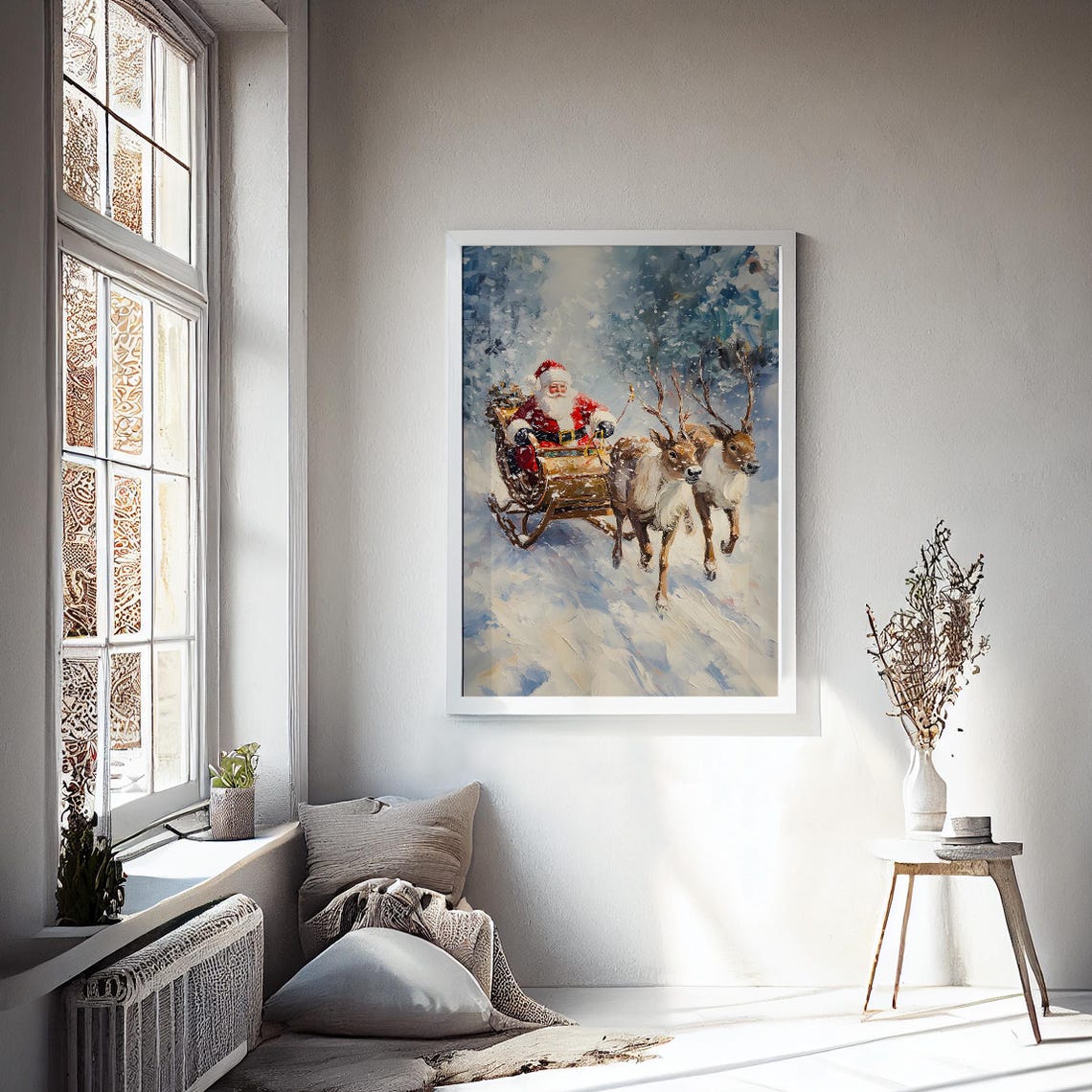 Santa Sleigh Two Reindeer Snowy Winter Flight Vintage Wall Art Print - Image 2
