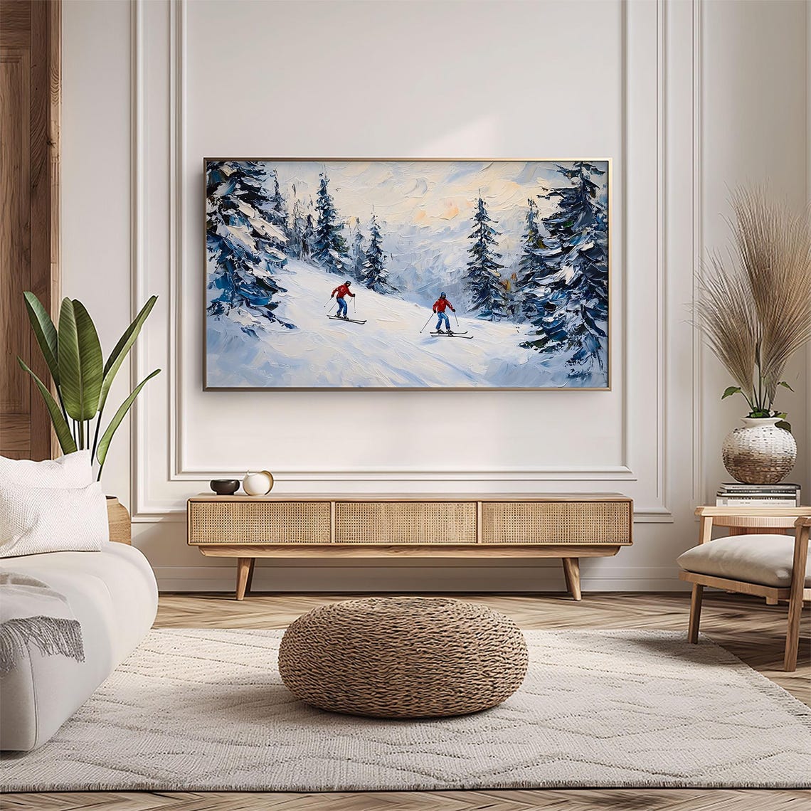 Red Jacket Skiers Snowy Forest Slope Impasto Painting Dynamic Wall Art - Image 5