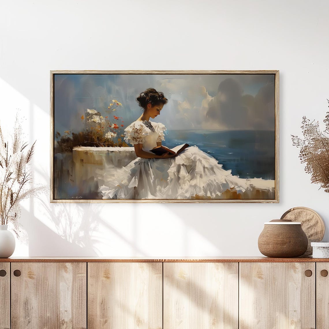 Frame Tv Art Woman In White Dress Reading Neutral Vintage Painting Farmhouse Art Instant Tv0194 - Image 3