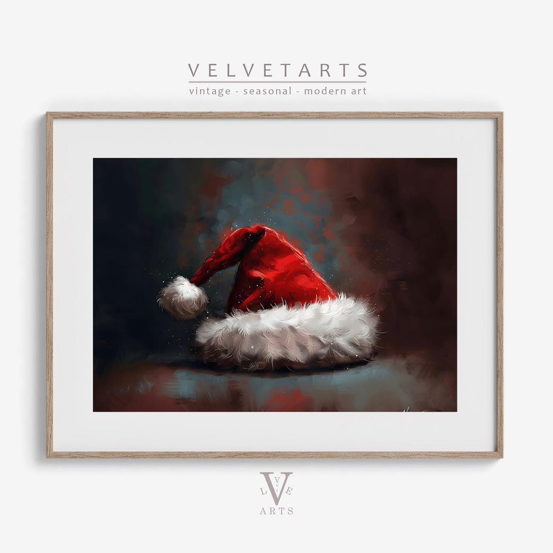 Red Santa Hat Moody Dark Vintage Christmas Painting Wall Art