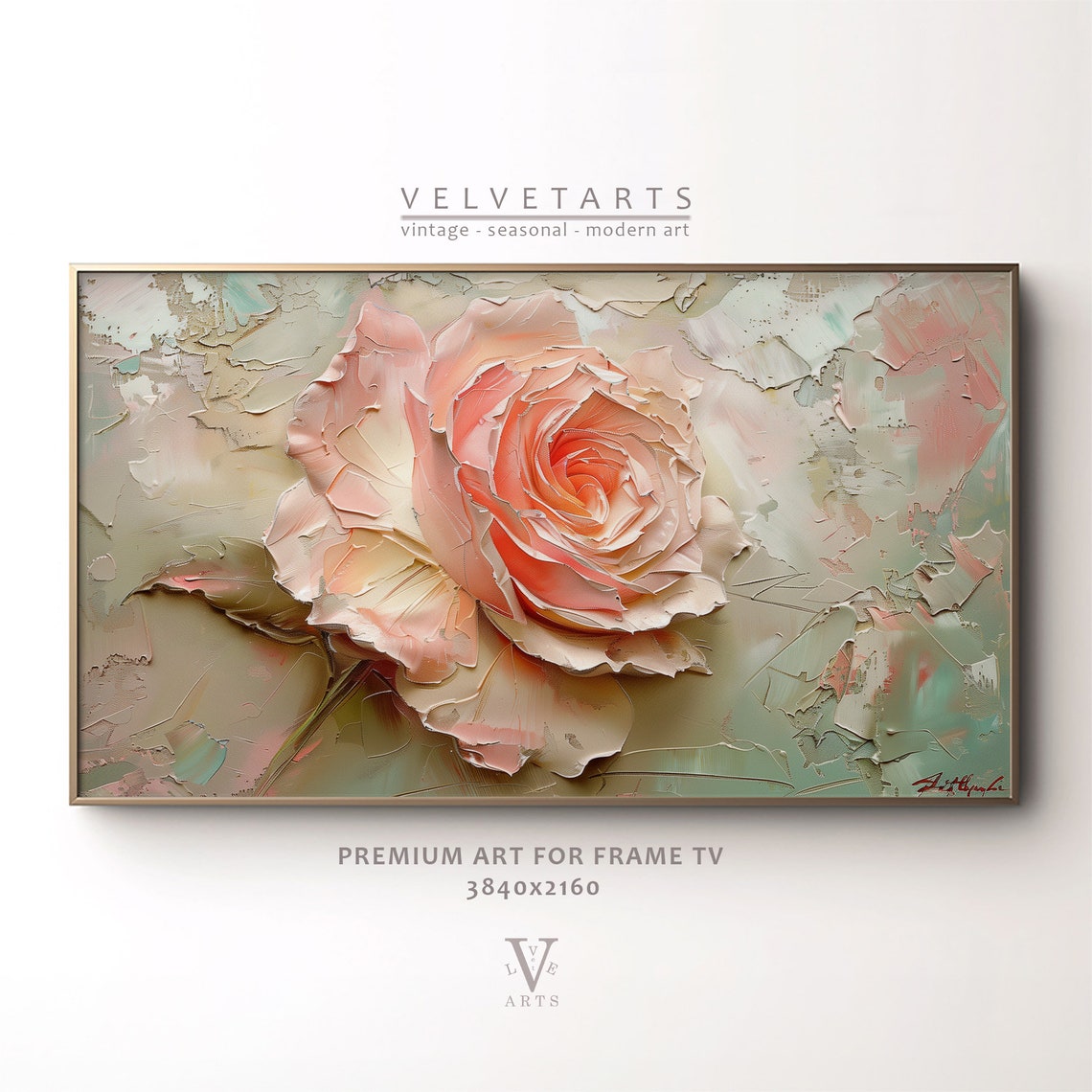 Peach Rose Elegance Textured Impasto Floral Painting Wall Art