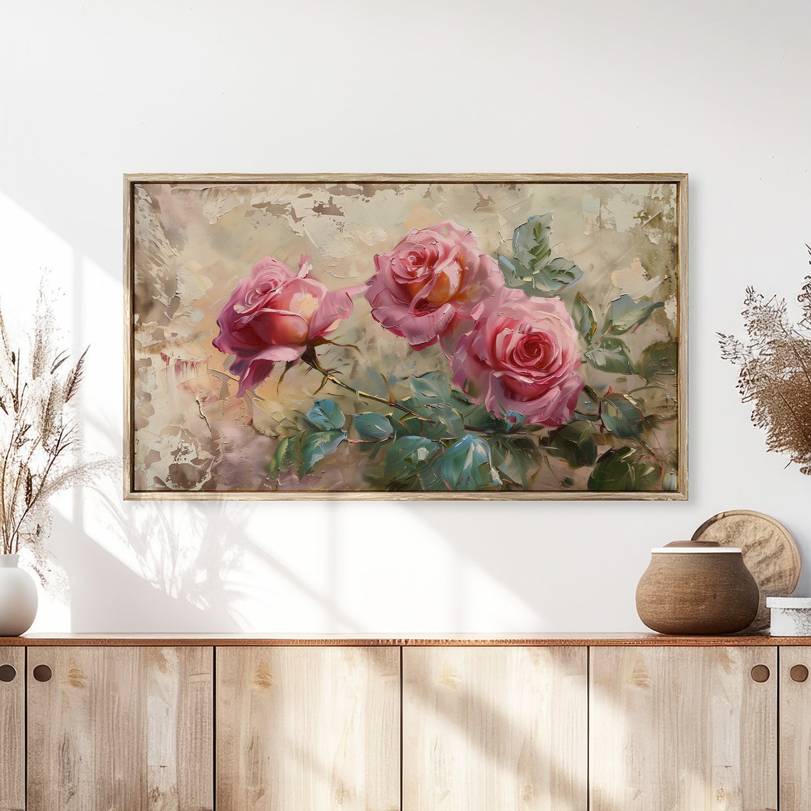 Classic Blush Pink Roses Trio Vintage Floral Painting Wall Art - Image 3