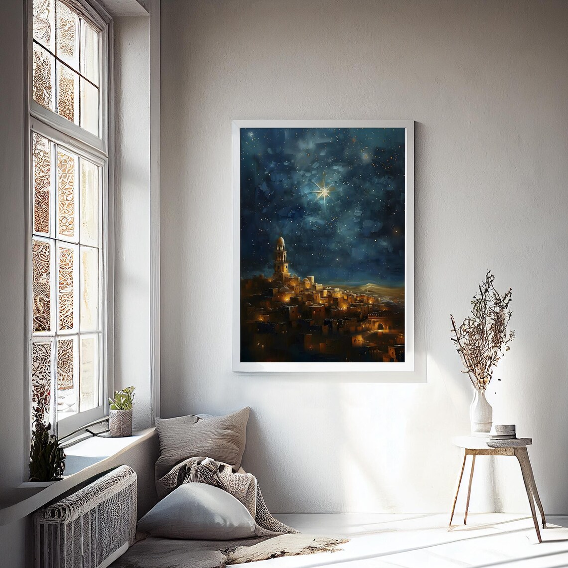 Starlit Bethlehem Night Sky Nativity Christmas Vintage Faith Wall Art - Image 2