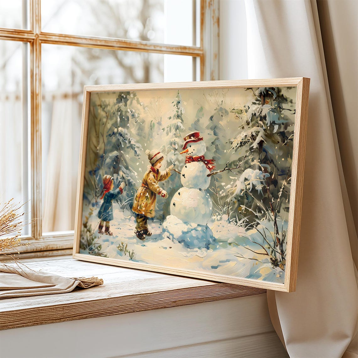 Children Building Snowman in Snowy Woods Vintage Christmas Poster - Image 2