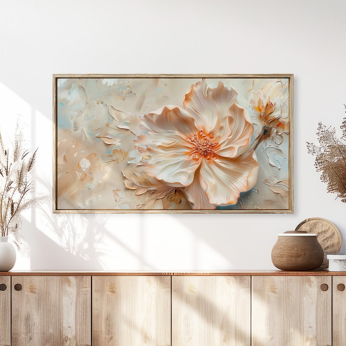 Blush Peony Impasto Textured Neutral Floral Painting Wall Art - Image 3