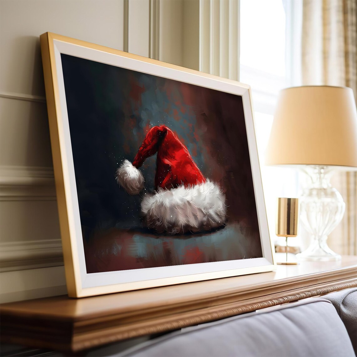 Red Santa Hat Moody Dark Vintage Christmas Painting Wall Art - Image 4