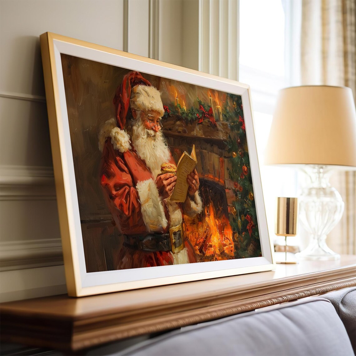Santa Claus Reading a Letter by the Fireside Christmas Poster