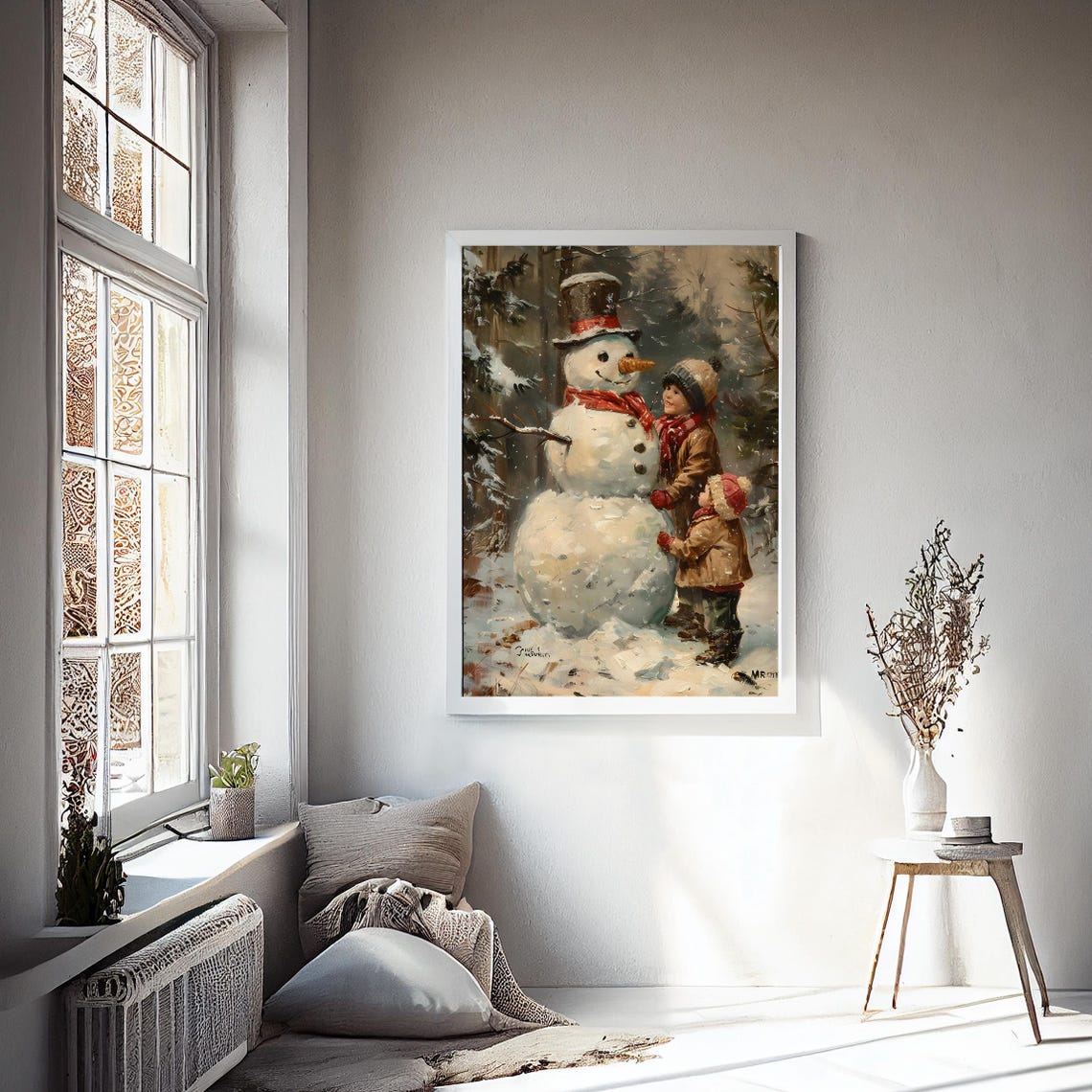 Happy Children Hugging a Snowman With Top Hat and Red Scarf Poster - Image 2