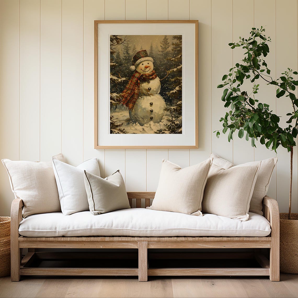 Smiling Snowman With Plaid Scarf and Hat Among Pines Wall Art - Image 4
