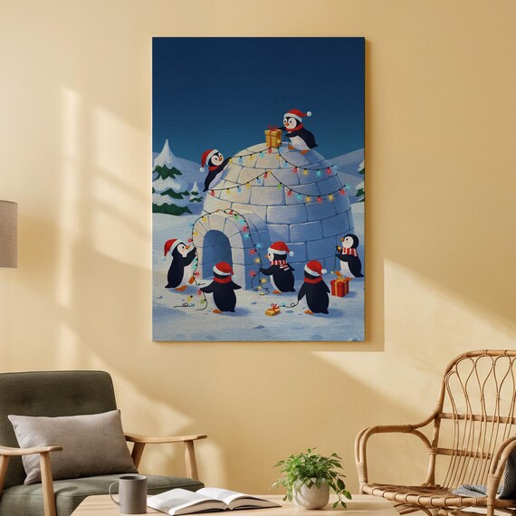 Cute Penguins Decorating Igloo Christmas Lights Holiday Wall Art