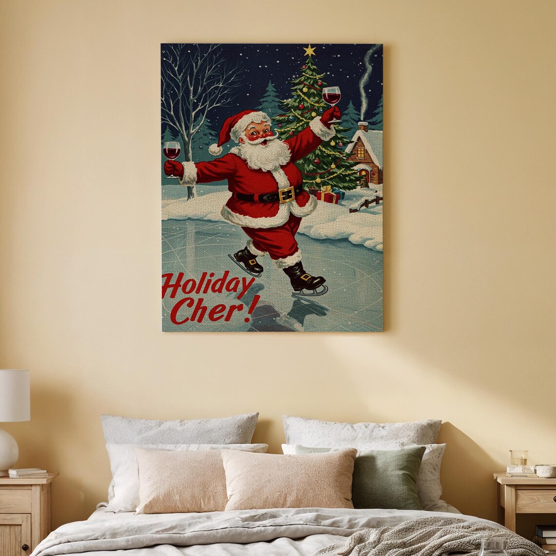 Retro Santa Ice Skating With Wine Glasses Holiday Cher Christmas Poster