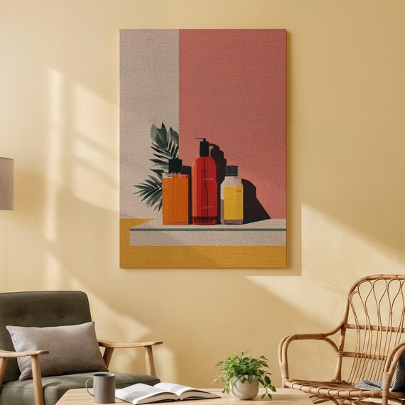 Modern Kitchen Bottles Still Life Warm Pink Shelf Canvas Wall Art
