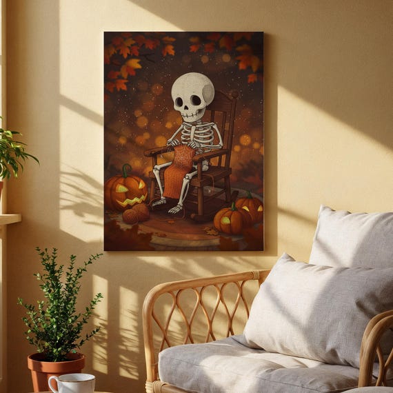 Knitting Skeleton Halloween Canvas Art Cozy Autumn Gothic Wall Print Funny Spooky Decor For Living Room Or Seasonal Display
