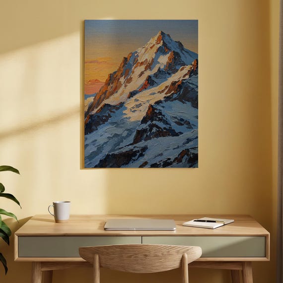 Mountain Landscape Oil Painting Artwork Snowcapped Peaks And Sunset Majestic Scene For Living Room Or Bedroom Decor Art