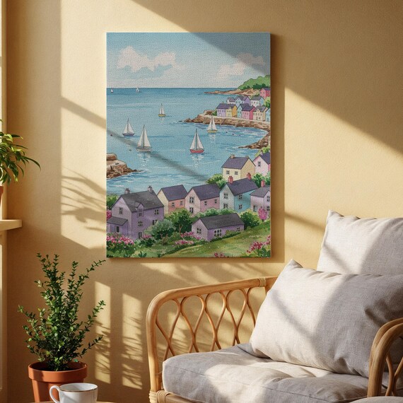 Coastal Village Harbor Sailboats Colorful Cottages Seaside Folk Art Poster