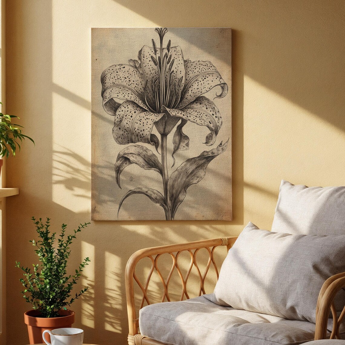 Detailed Lily Flower Pencil Sketch Botanical Wall Drawing Poster