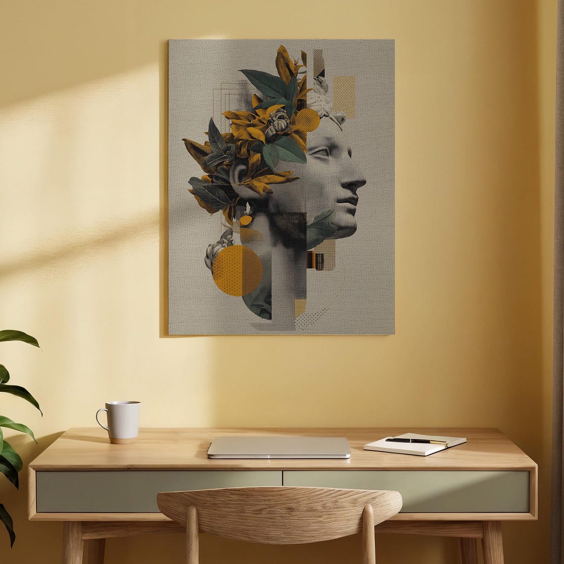 Classical Bust Collage with Golden Leaves Botanical Modern Art Print