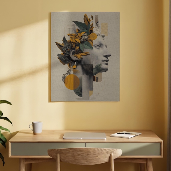 Classical Bust Collage with Golden Leaves Botanical Modern Art Print