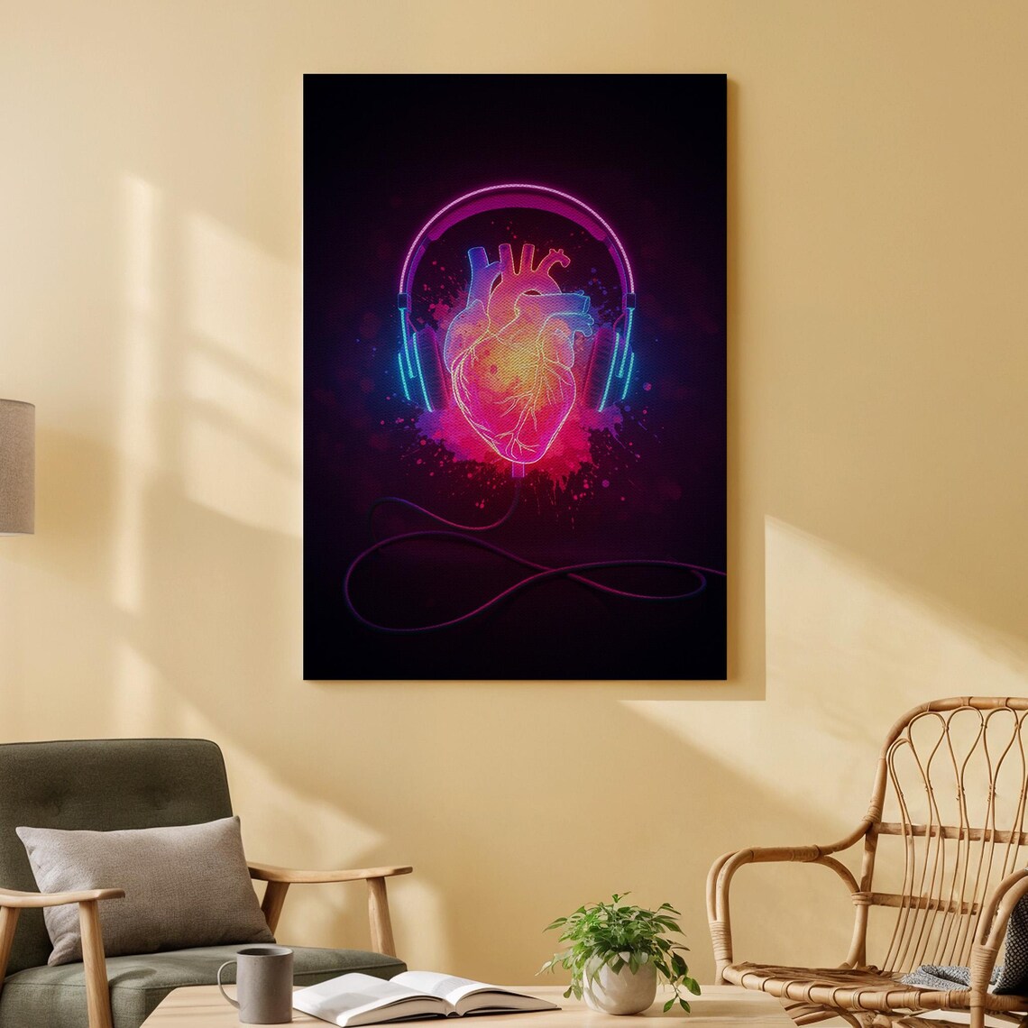 Neon Heart Headphones Music Lover Glowing Anatomical DJ Art Poster