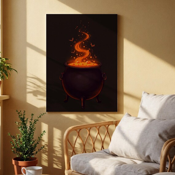 Witch Cauldron Canvas Wall Art Halloween Potion Brew Print Spooky Bubbling Decor For Kitchen Bar Or Haunted Home Display