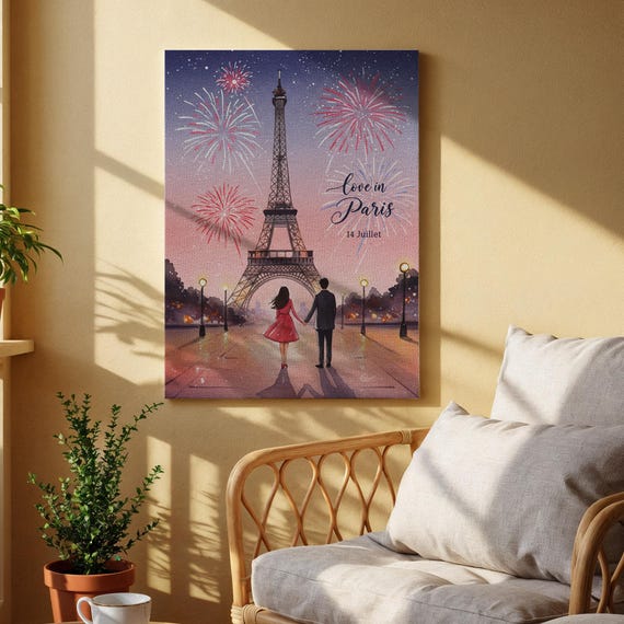 Love In Paris Canvas Wall Art Romantic Eiffel Tower Scene With Fireworks Couple Illustration Print For Bedroom Or Living Room Decor