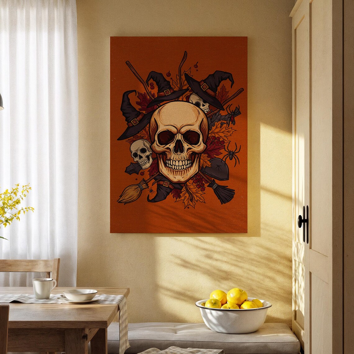 Witch Skull Halloween Canvas Wall Art Gothic Orange Print Spooky Hat Decor For Living Room Office Or Haunted Home