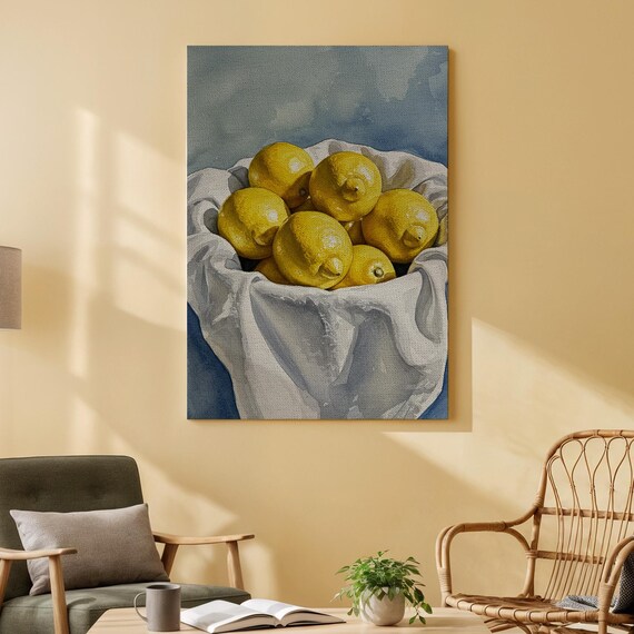 Fresh Yellow Lemons Still Life Bowl Watercolor Kitchen Wall Art