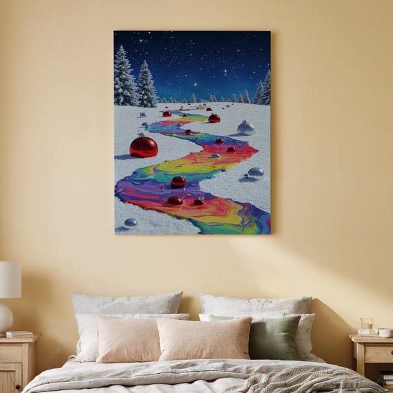 Colorful Christmas River Canvas Art Modern Winter Landscape Print Abstract Holiday Wall Decor With Snow And Ornaments