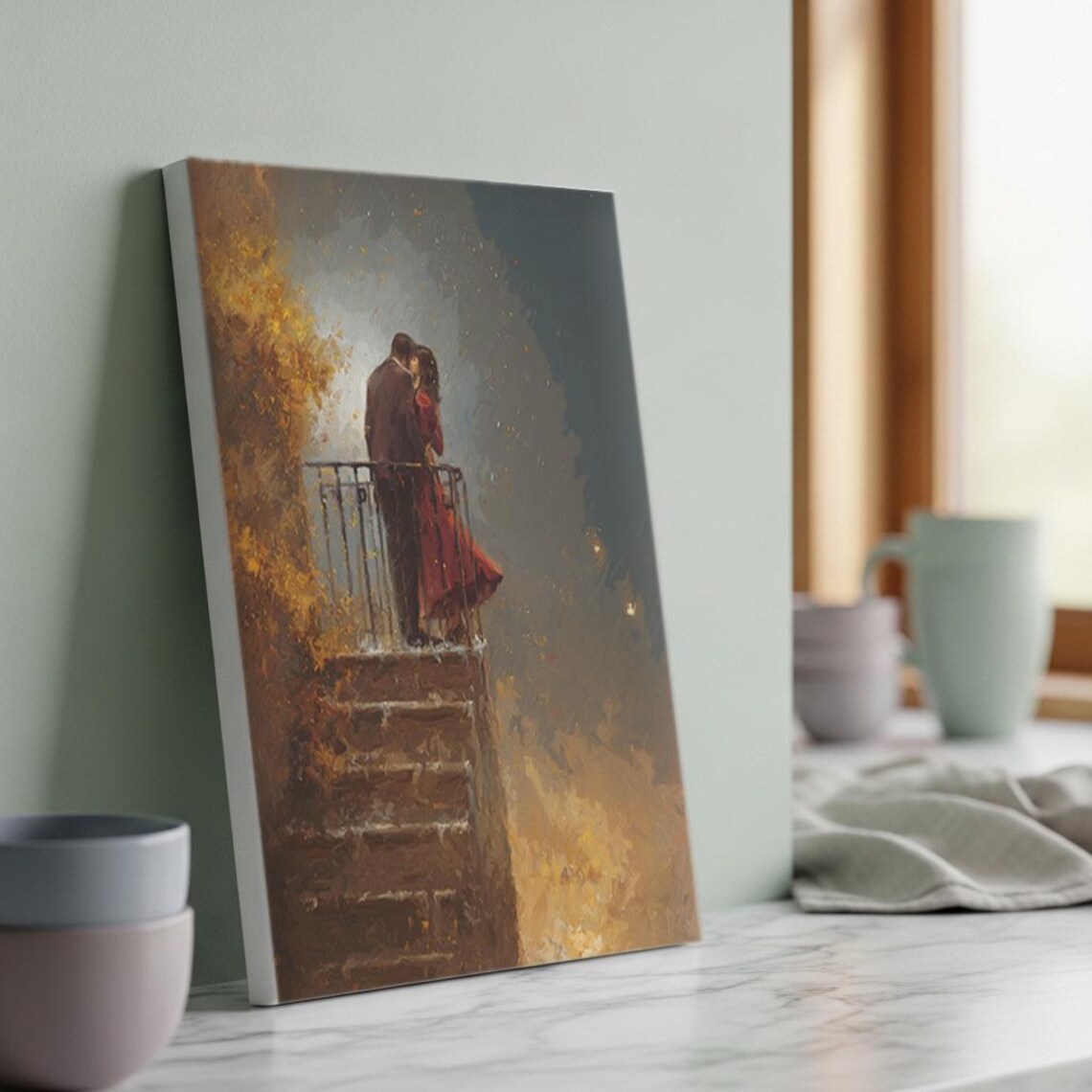 Romantic Couple On Moonlit Balcony Night Scene Oil Painting Poster
