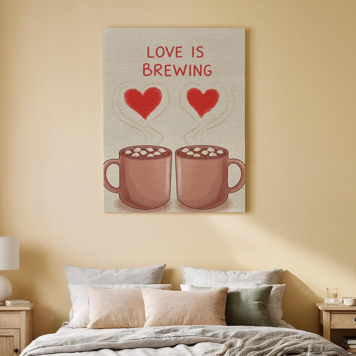 Love Is Brewing Coffee Mugs Heart Steam Romantic Canvas Art Poster