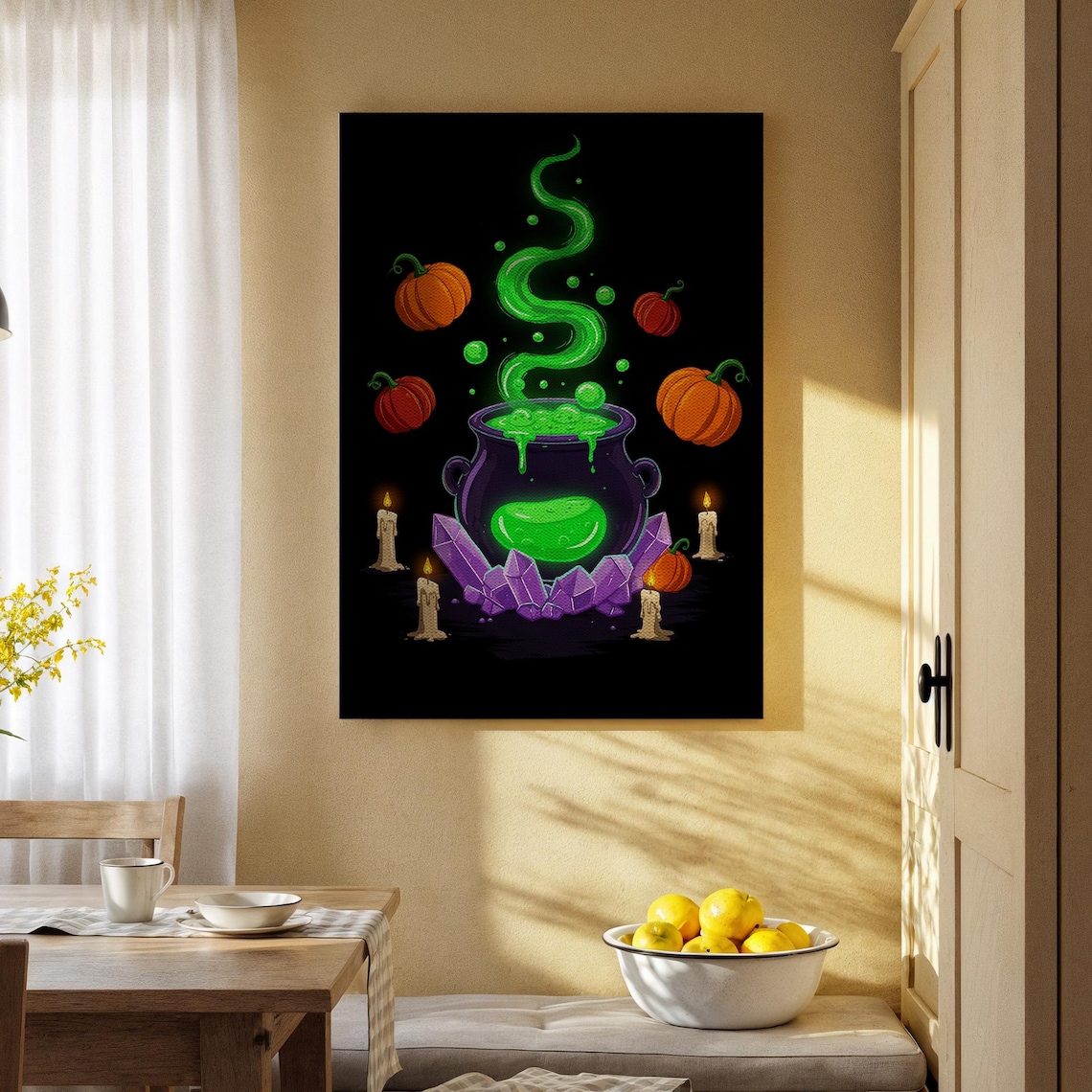 Witchs Cauldron Halloween Art Green Potion Pumpkins and Candles Print