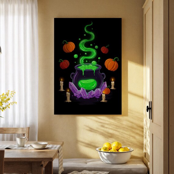 Witchs Cauldron Canvas Art Spooky Halloween Wall Print Magical Potion Decor For Living Room Kitchen Or Seasonal Spaces