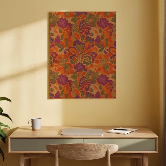 Retro Vintage Boho Floral Pattern Orange Purple Botanical Poster