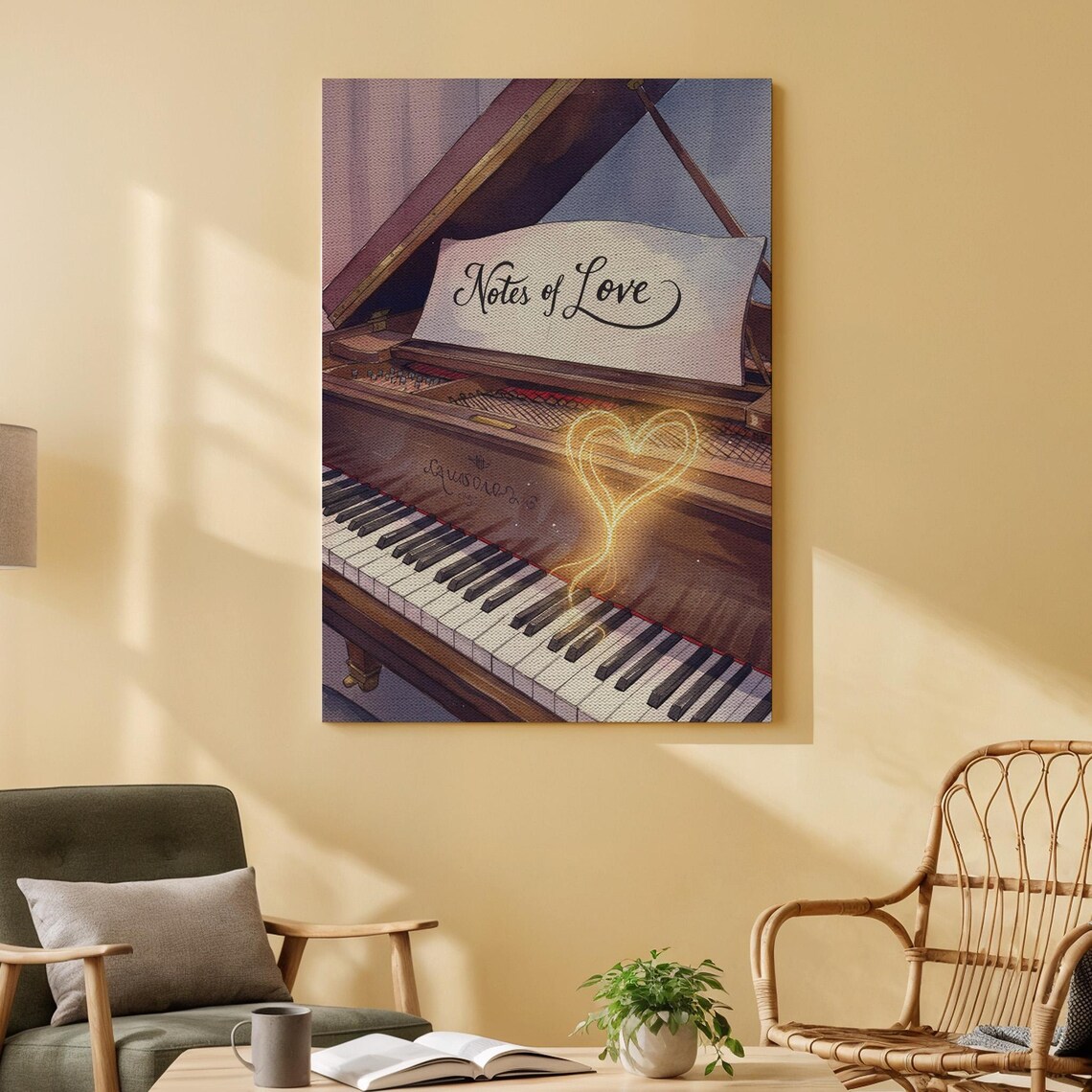 Notes of Love Grand Piano Glowing Heart Romantic Canvas Wall Art
