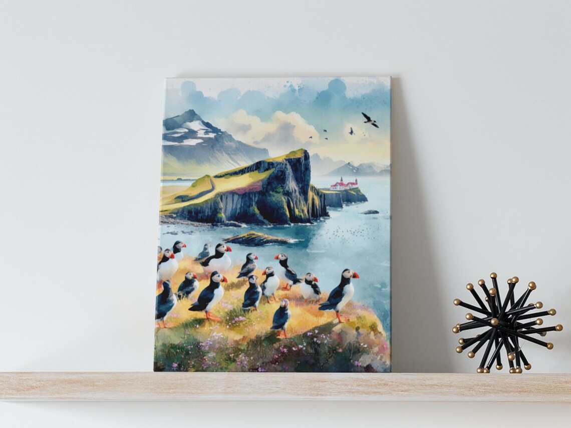 Vik Iceland Watercolor Puffin Travel Poster