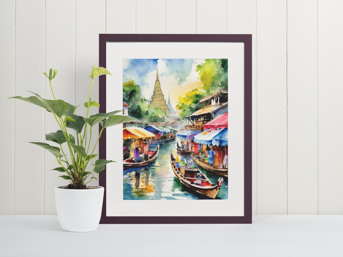 Bangkok Floating Market Watercolor Art Print