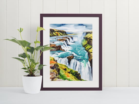 Gullfoss Watercolor Art Print, Iceland Travel Poster