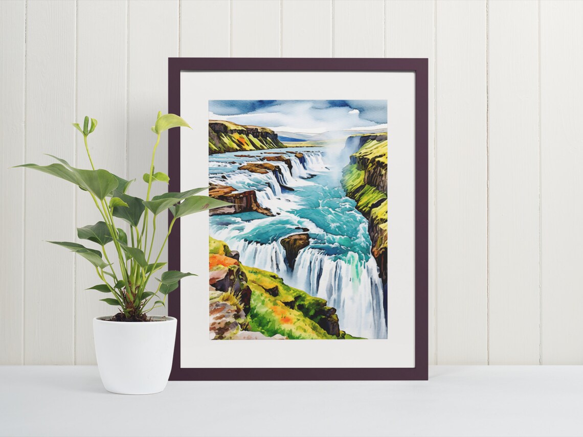 Gullfoss Watercolor Art Print, Iceland Travel Poster