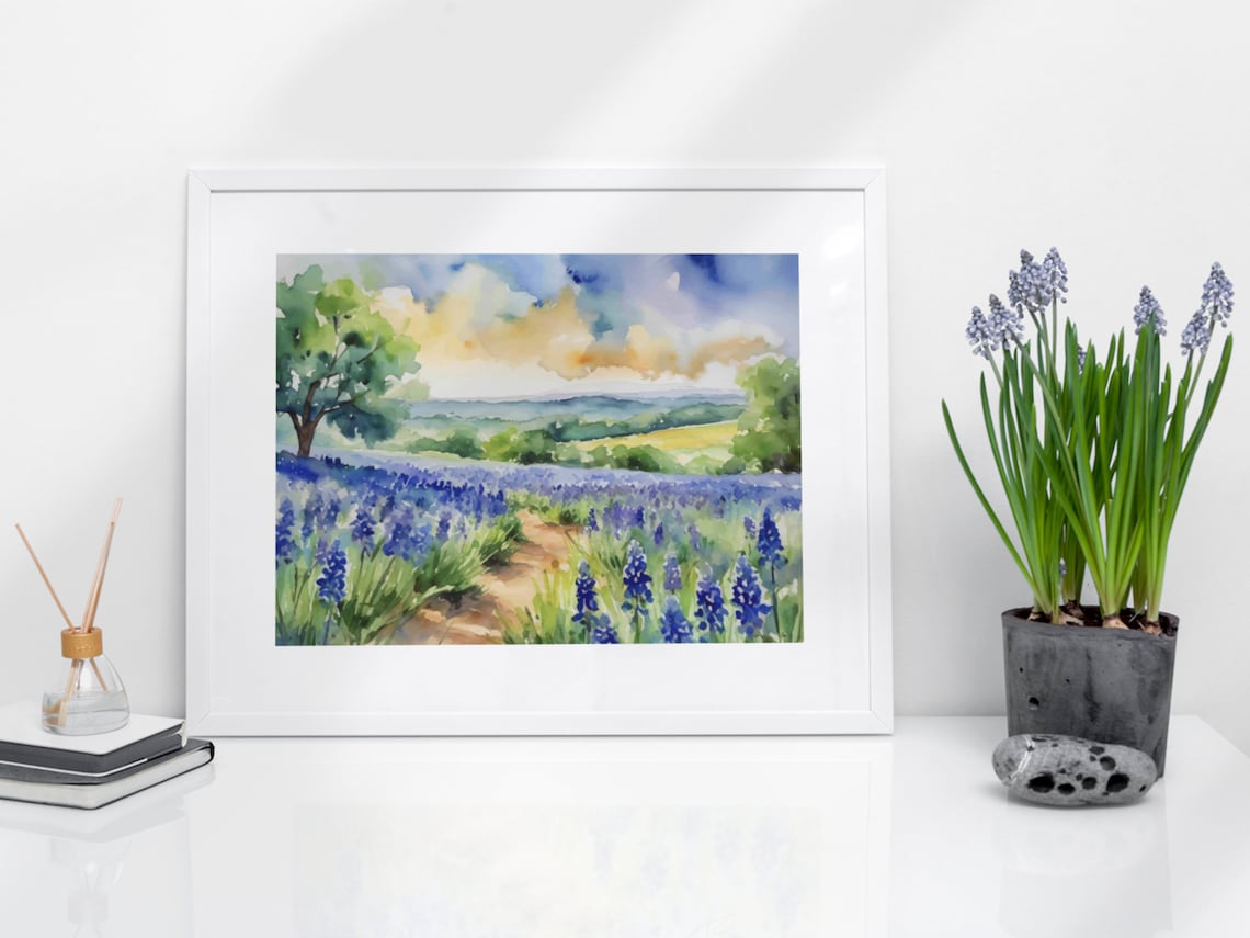 Texas Hill Country Watercolor Art Print, Blue Bonnets