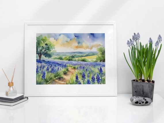Texas Hill Country Watercolor Art Print, Blue Bonnets