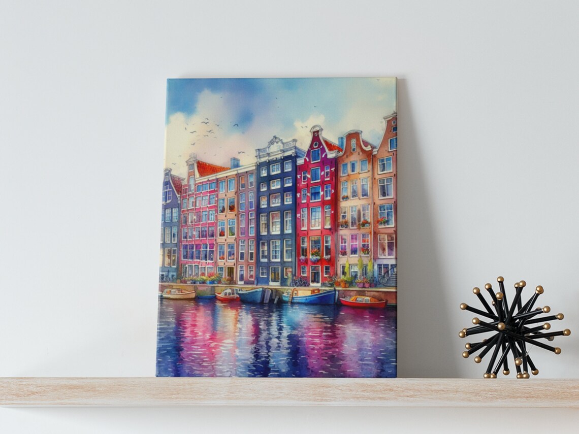 Amsterdam Canal Houses Watercolor Colorful Boats Reflection Poster