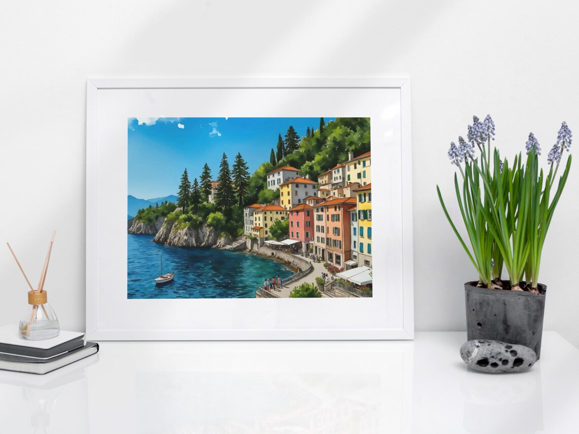 Lake Como Italy Watercolor Lakeside Village Colorful Houses Poster