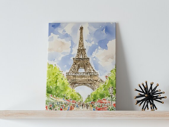 Eiffel Tower Paris Watercolor Green Park Street Market Scene Poster