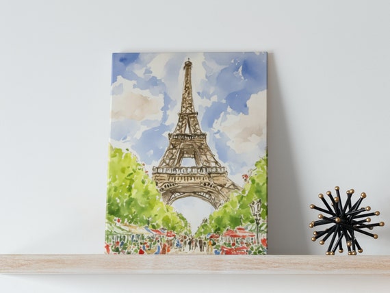 Eiffel Tower Watercolor Art Canvas Paris Wall Cityscape Painting Parisan Fine Nursery Impressionist