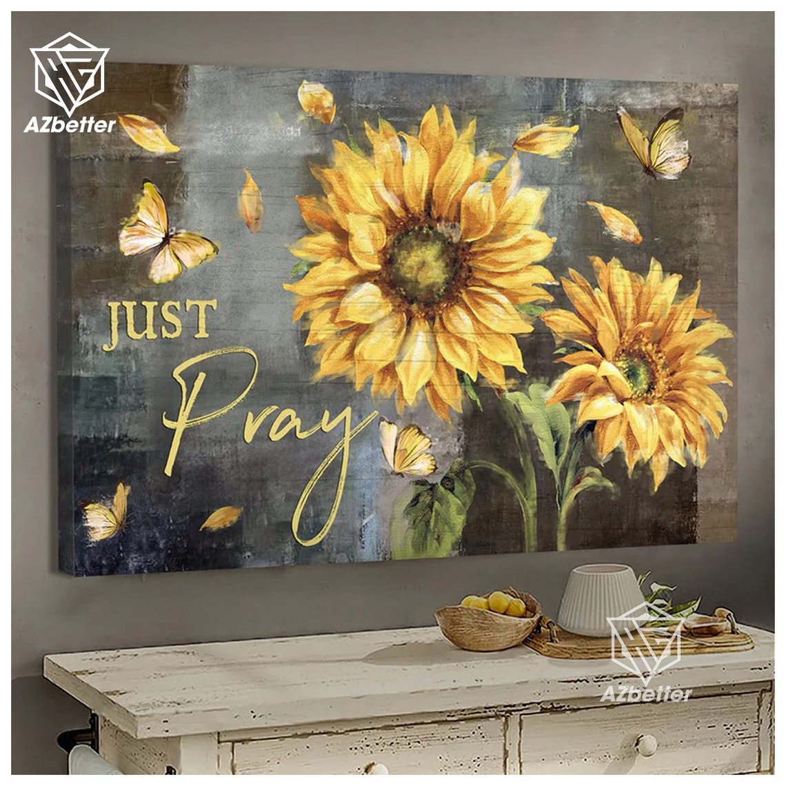 Just Pray Sunflower And Butterfly Rustic Farmhouse Vintage Poster