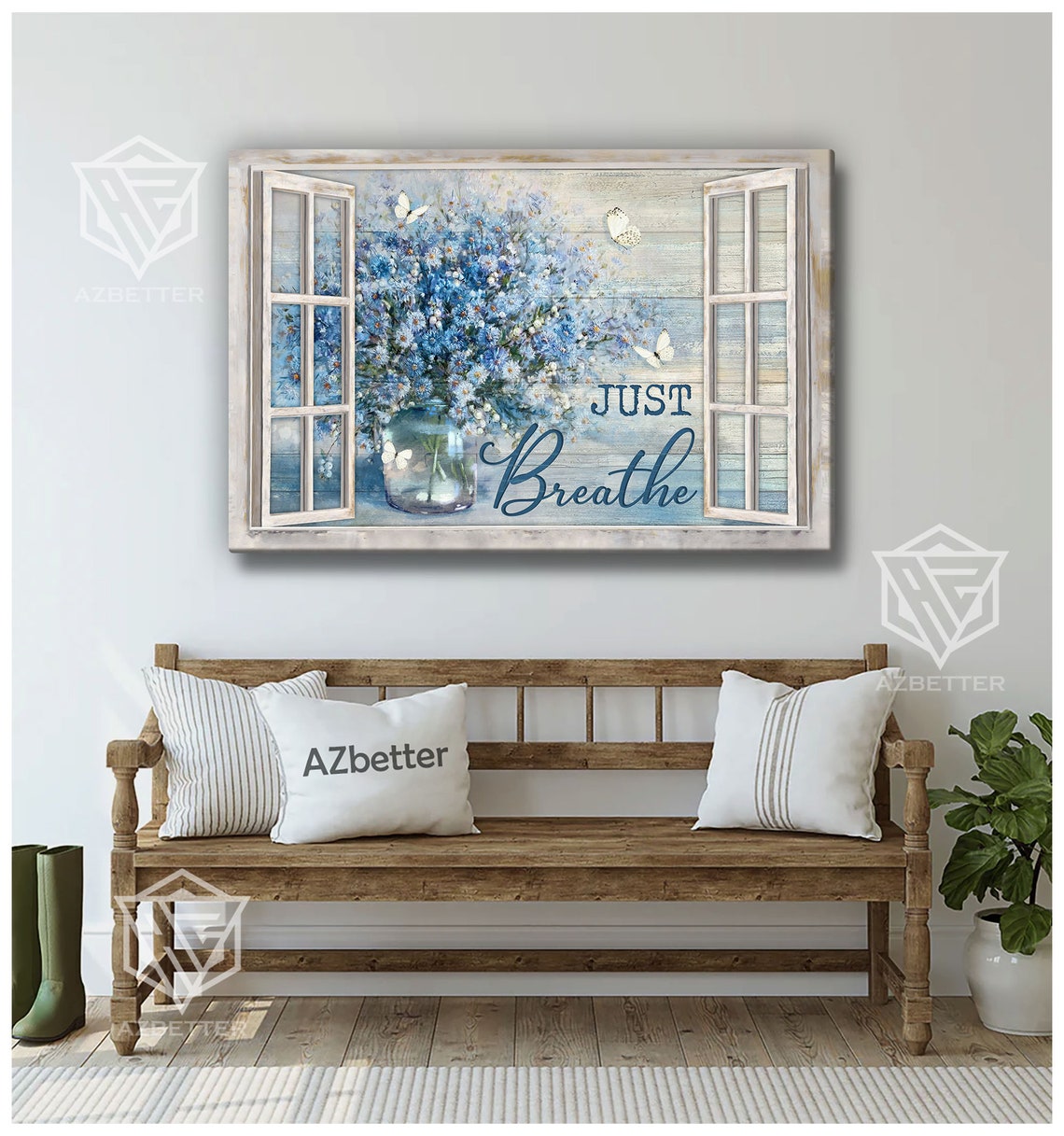Just Breathe Rustic Window With Blue Daisy Vase And Butterflies Poster - Image 2