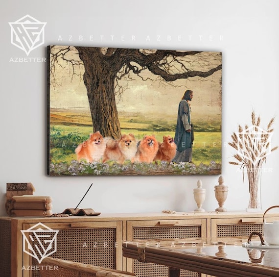 Jesus Walking With Pomeranians Under Oak Vintage Painting Poster