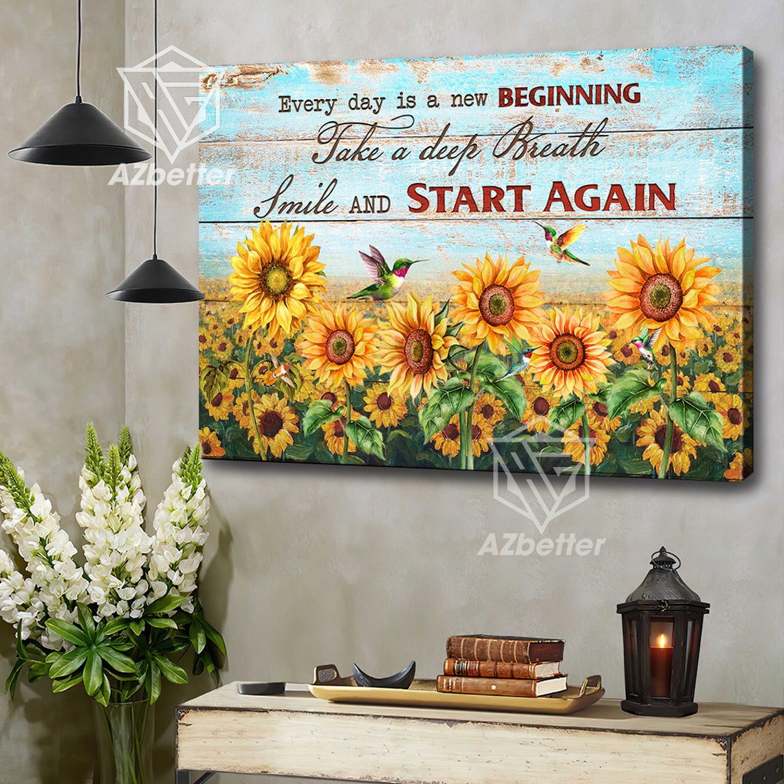 Sunflower Field with Hummingbirds New Beginning Quote Poster - Image 3