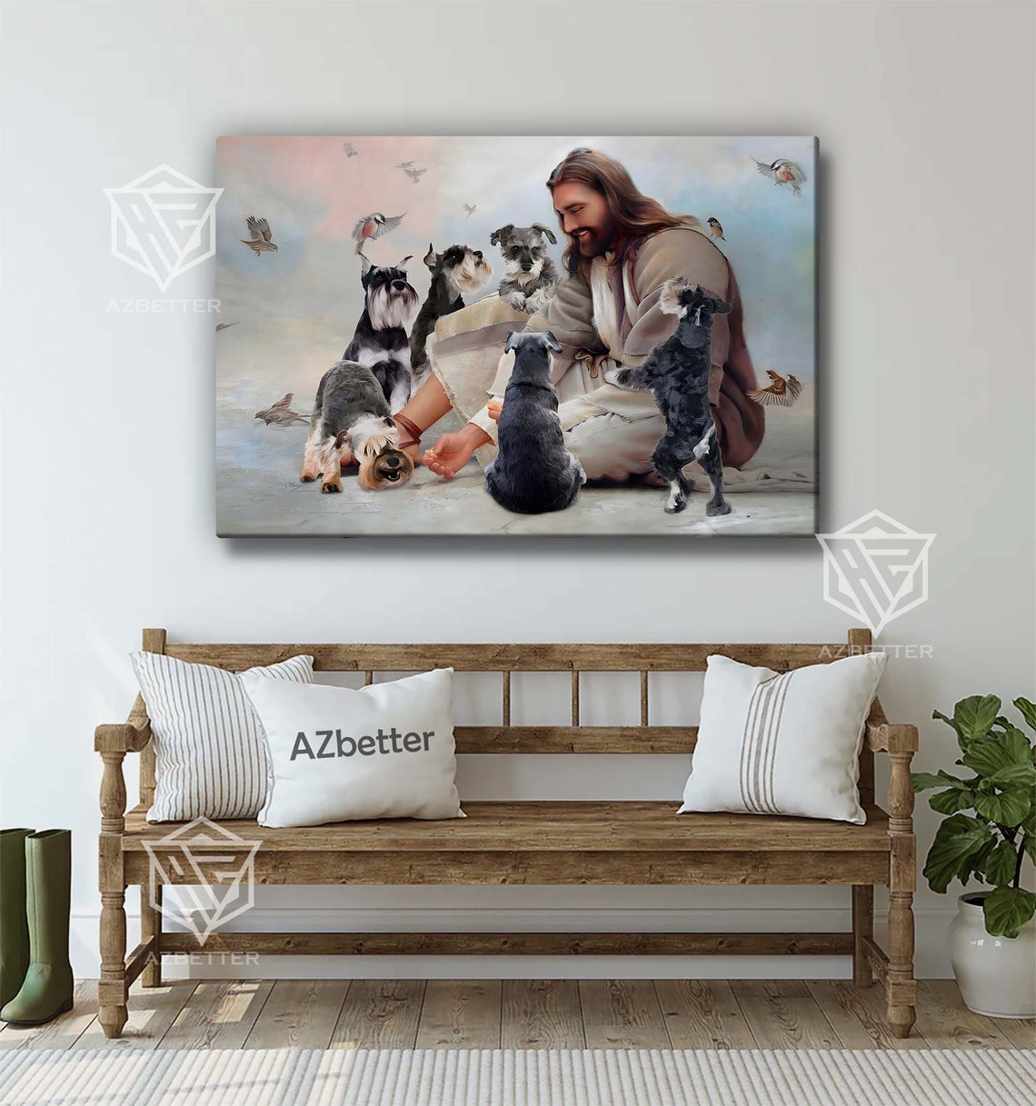Jesus Surrounded by Miniature Schnauzers Playful Puppies Faith Poster - Image 3