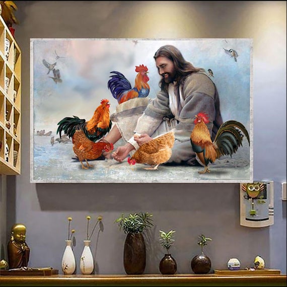 Jesus With Chickens Watercolor Pastoral Farm Animal Scene Poster